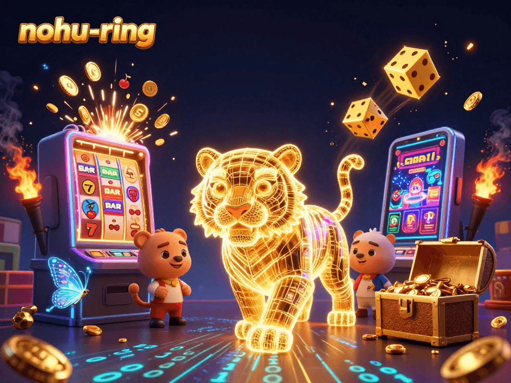 Nohu-ring showcases a vibrant digital casino scene with a glowing golden tiger, jackpot symbols, and engaging gameplay.
