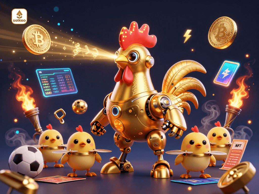 Engage with soikeo's dynamic sports betting scene featuring a golden rooster robot and baby chick drones.