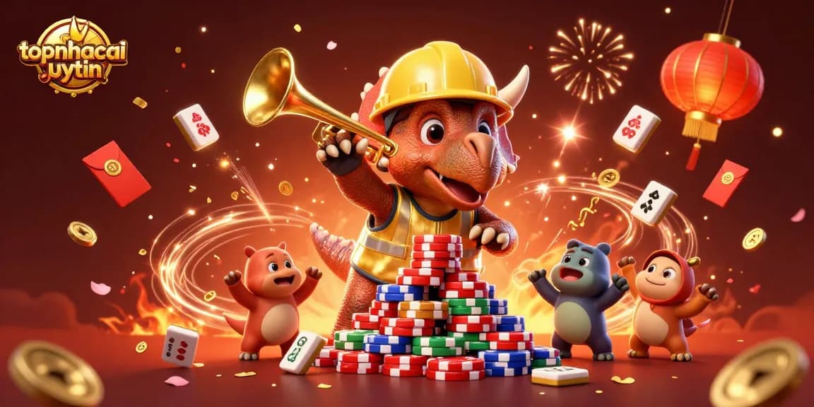 Engage with the vibrant scene of topnhacaiuytin celebrating wins with colorful casino elements around cheerful dinosaurs.