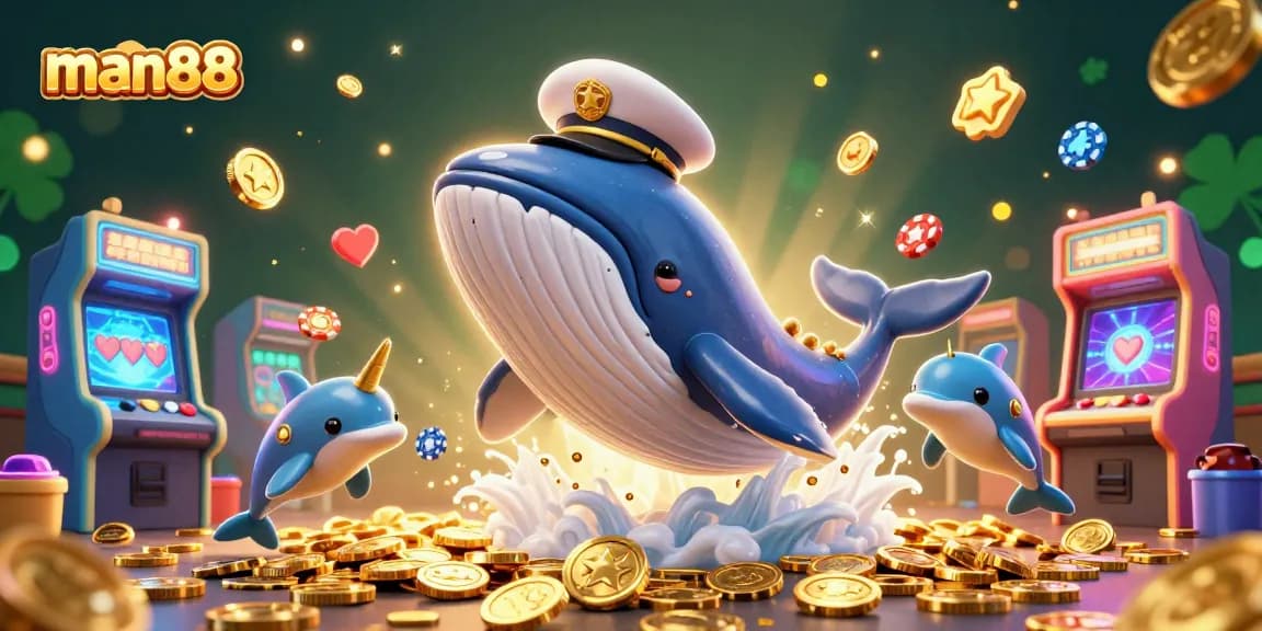 Experience man88's thrilling casino games with a whale, narwhal, and dolphins amidst coins and arcade elements.