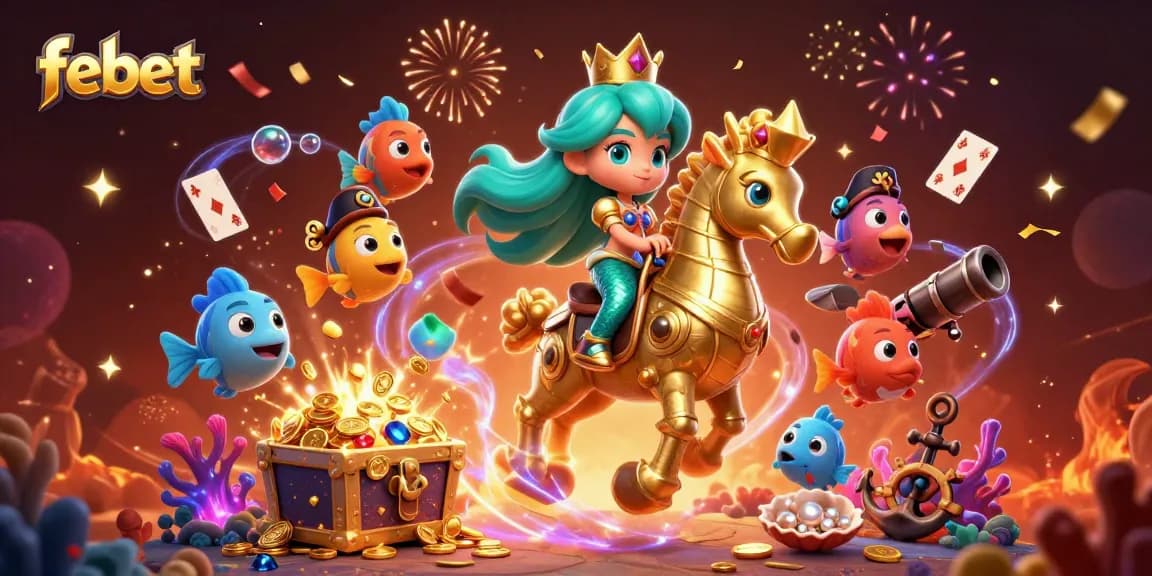 Experience exciting gaming at febet with mermaid princess and her seahorse amidst vibrant sea creatures.