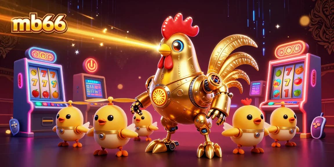 Engage in mb66's vibrant slot games featuring a futuristic golden rooster in action.