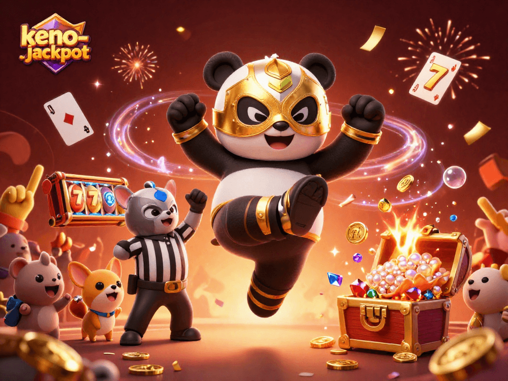 Keno-jackpot scene featuring a wrestler panda and chihuahua referee amidst slot reels and exploding treasure.