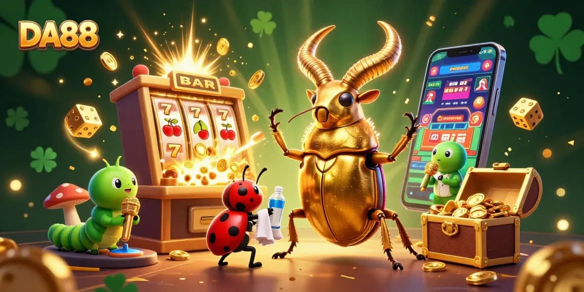 DA88 jackpot scene with a golden stag beetle champion in dynamic casino illustration
