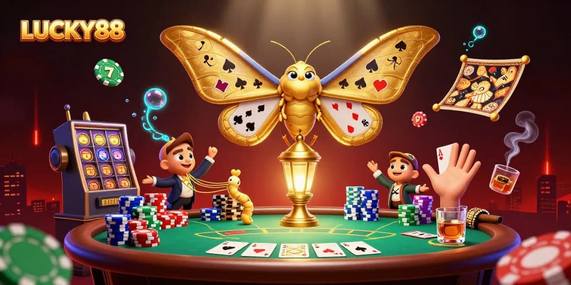 Engage with LUCKY88's thrilling casino atmosphere featuring a vibrant 3D moth and poker elements.