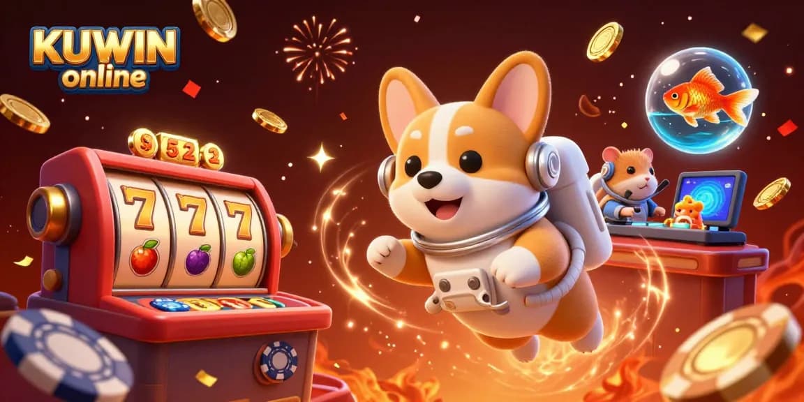 Experience the excitement at KUWIN online with a corgi astronaut celebrating in a cosmic casino!