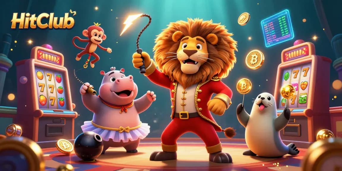 HitClub showcases a lively scene with a ringmaster lion, hippo, monkey, and seal entertaining with casino elements and crypto coins.
