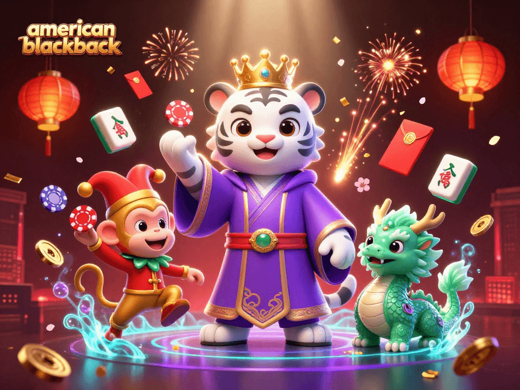 Experience thrilling american-blackjack gameplay with an elegant tiger and lively characters in a vibrant casino scene.