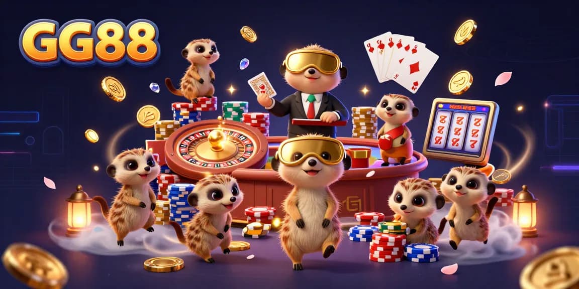 Engage in thrilling gameplay at GG88 with a lively meerkat casino scene filled with vibrant game elements and excitement.