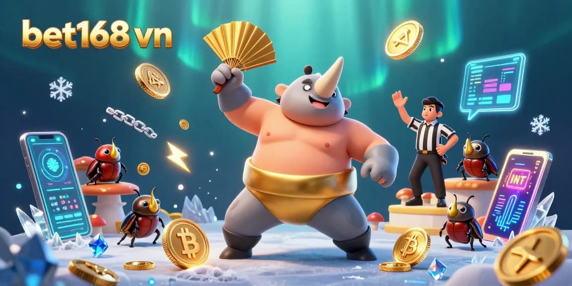 Engage with bet168 vn as a sumo beetle champion unleashes winning golden coins in an animated casino scene.