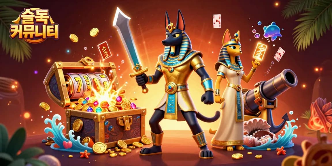 Engage with the thrilling 슬롯 커뮤니티 showcasing Anubis and Bastet amidst a vibrant casino scene.