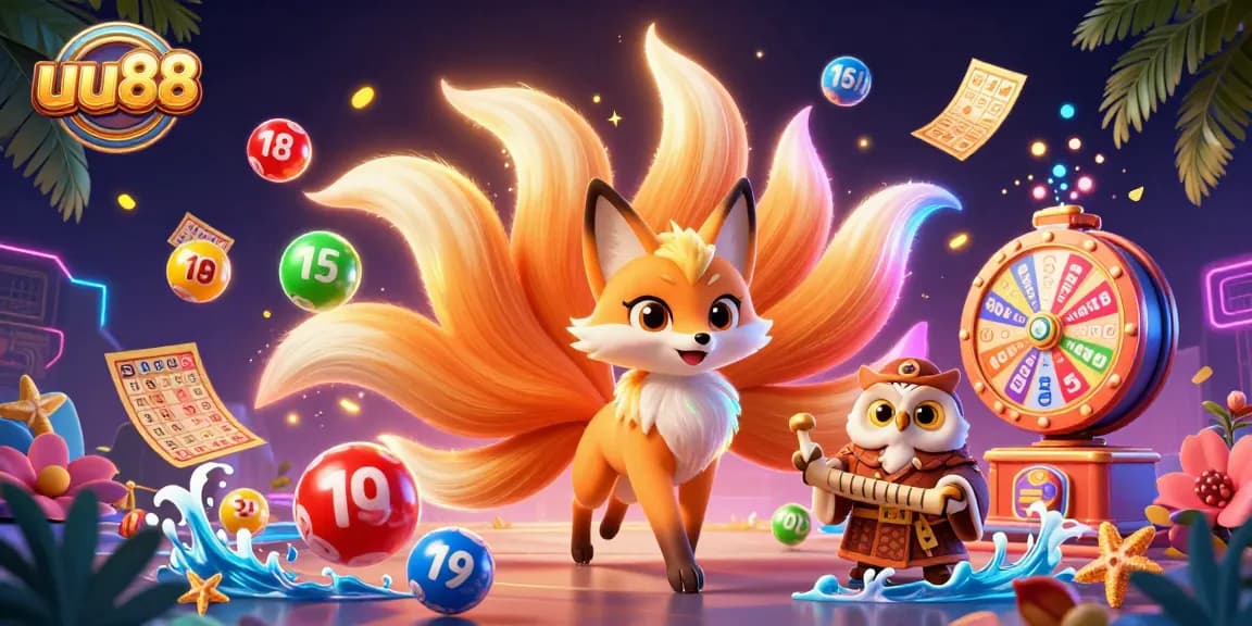 Engage in thrilling gaming with uu88, featuring a vibrant scene of colorful lottery elements and mystical characters.
