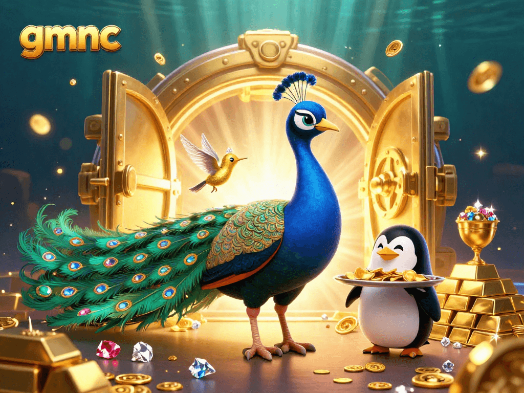Experience the festive gmnc casino scene with peacock, penguin, and hummingbird amidst riches.