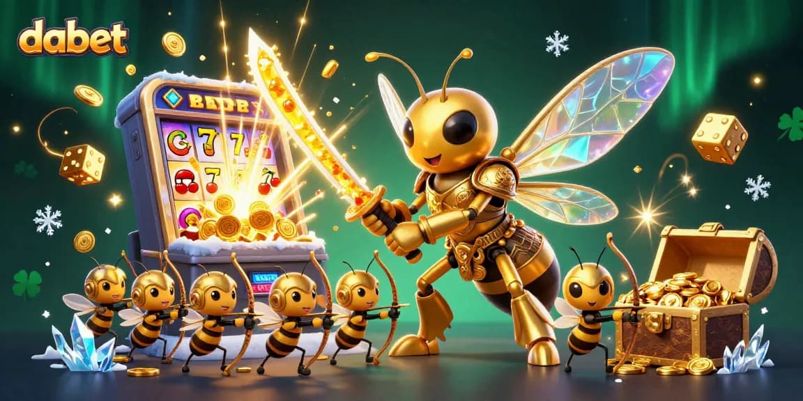 Dabet offers an exciting jackpot experience with a giant bee warrior and vibrant casino elements.