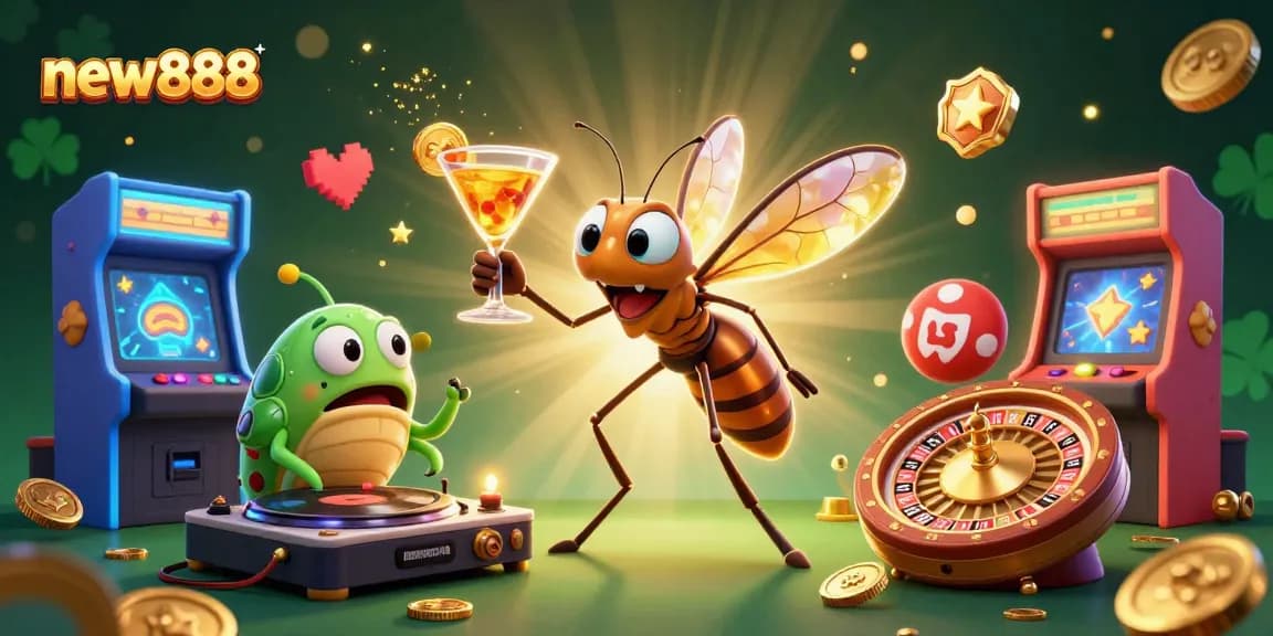 Play exciting games with new888, featuring a lively casino mascot and vibrant game elements in action.