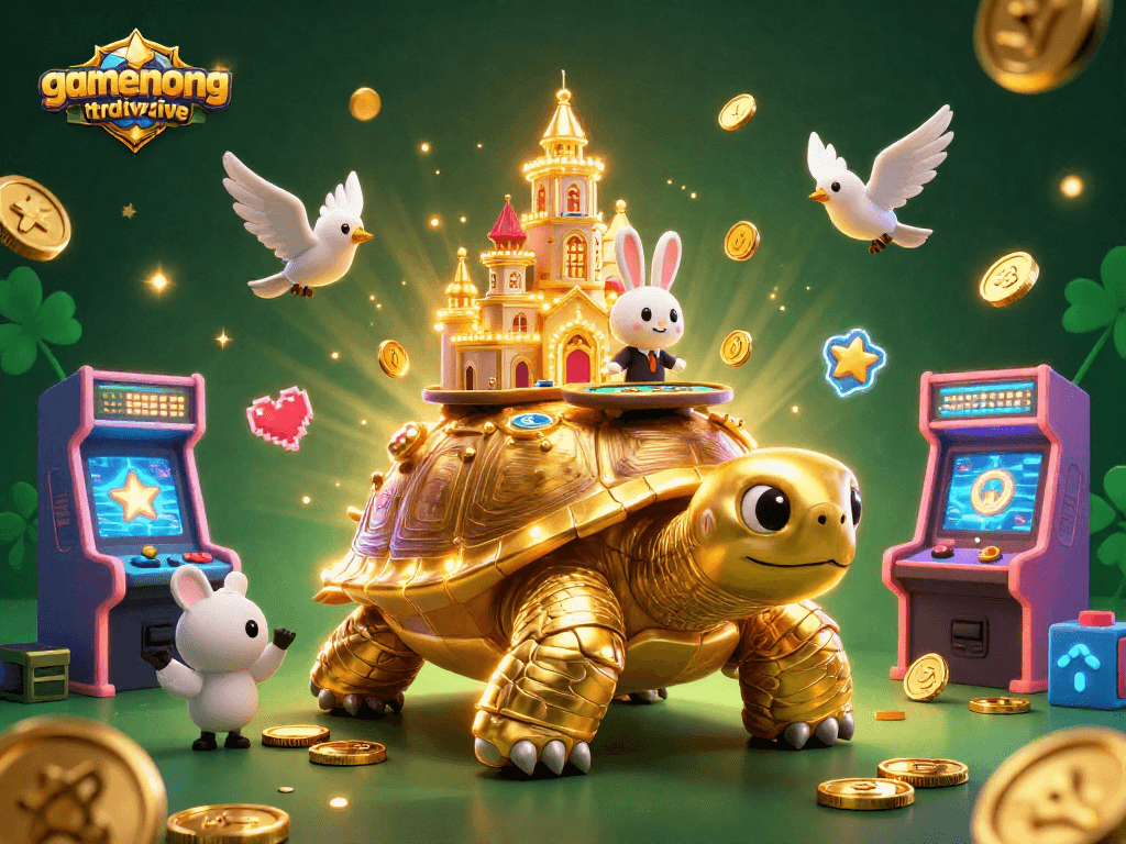 Experience joy at gamenongtraivuive with a lively casino scene featuring a golden tortoise and a rabbit dealer.