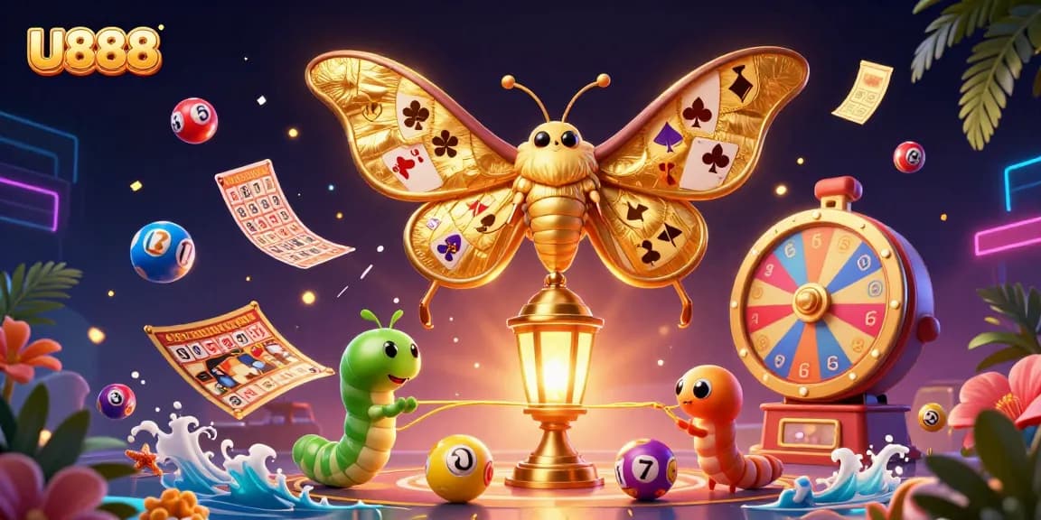 Experience U888's vibrant casino atmosphere with a colorful explosion of lucky symbols and games.