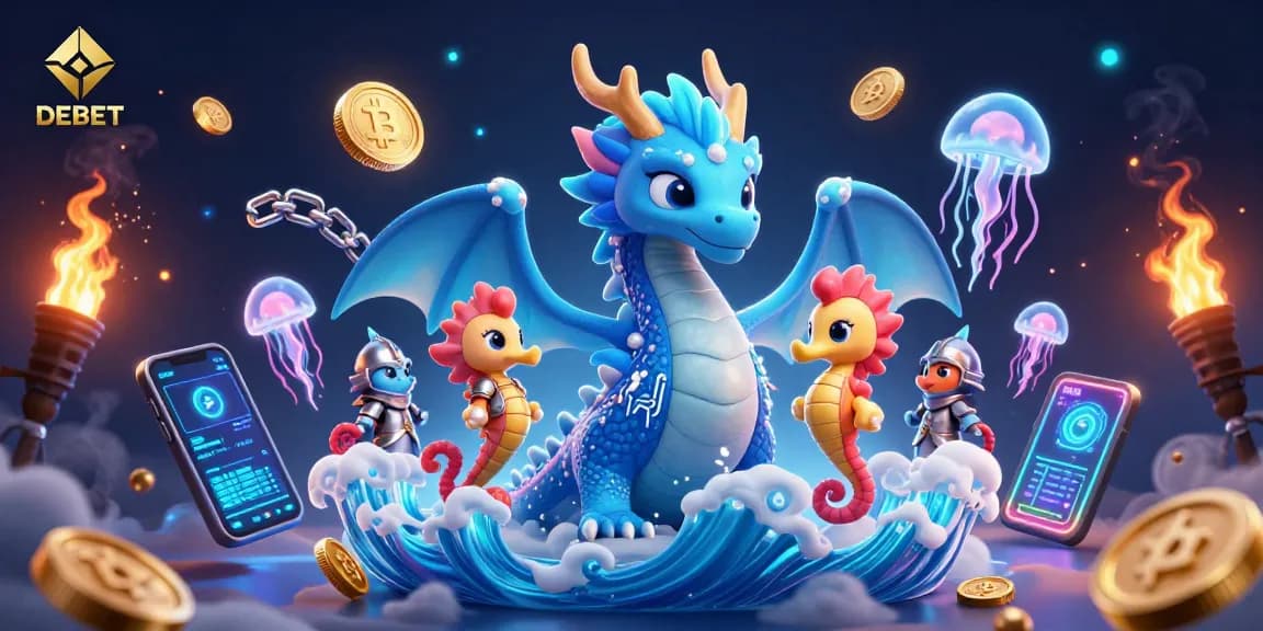 Engage with the DEBET casino experience featuring a vibrant water dragon, seahorse knight, and glowing game elements.