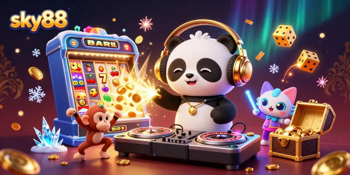Experience thrilling gaming action with sky88's vibrant 3D casino scene featuring a DJ panda, dancing monkey, and rave kitten.