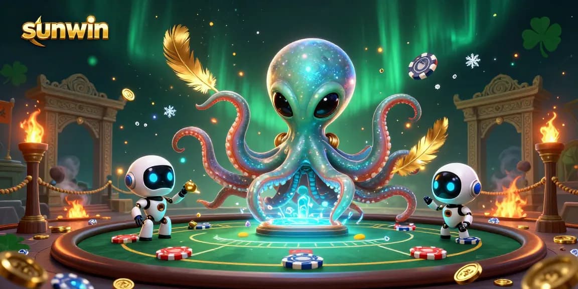 Experience thrilling poker adventures with sunwin’s cosmic octopus and robot in a vibrant casino scene.