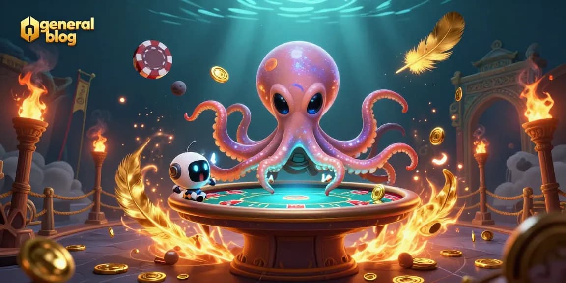 Visualize a thrilling general blog scene with an alien octopus at a poker table.