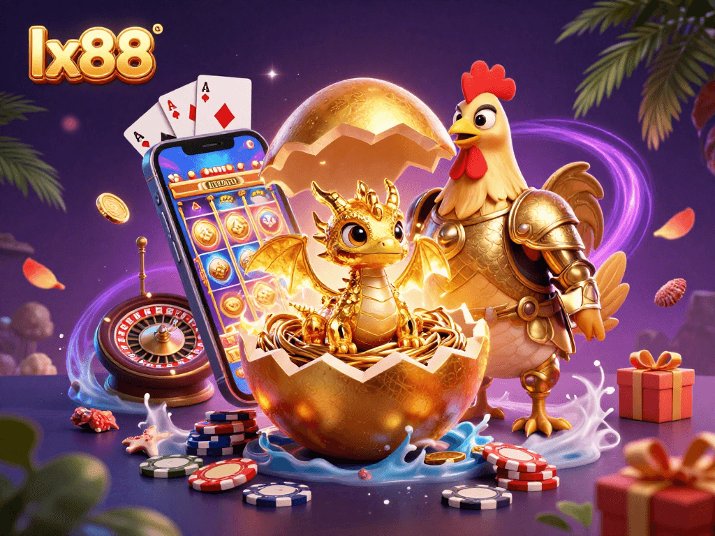 Win big at lx88 as a golden dragon emerges from a nest of poker chips in this vibrant casino scene.
