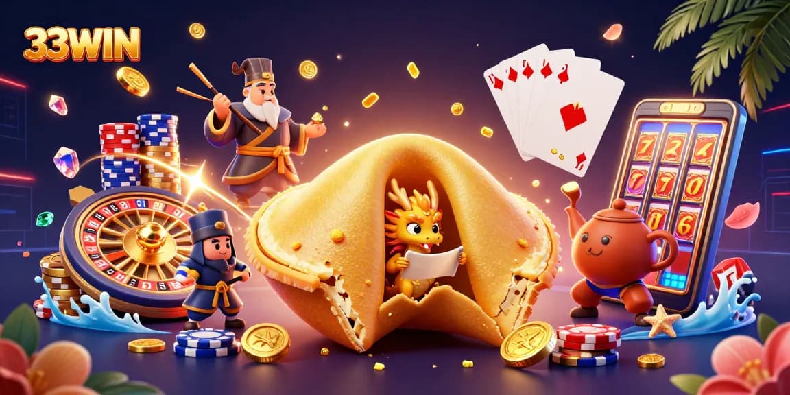 Experience the excitement of 33WIN with a dynamic casino illustration showcasing fortune, gold, and thrilling game elements.