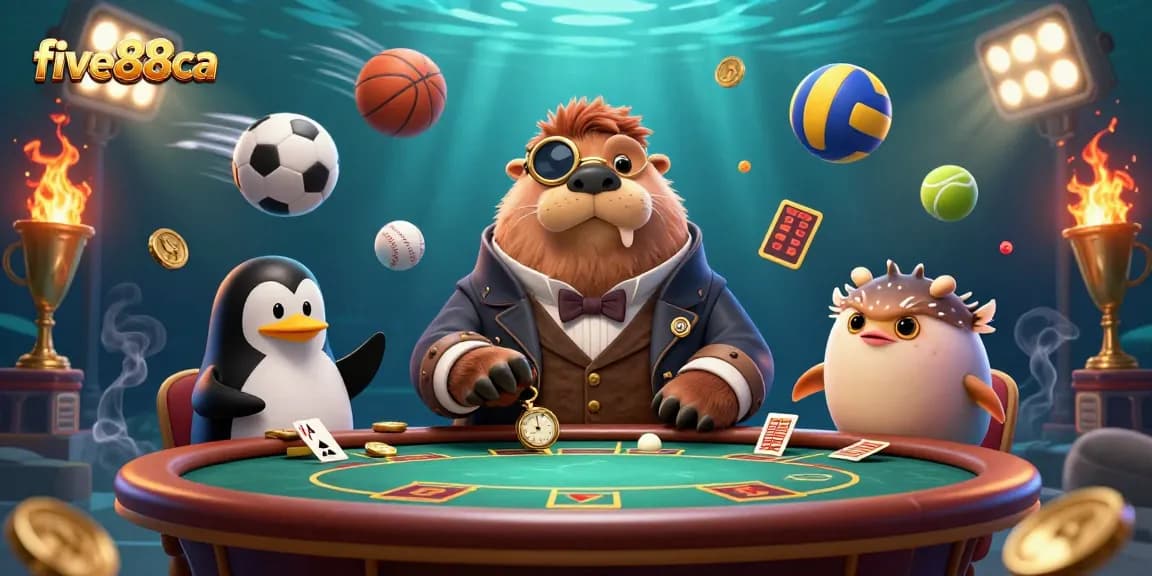 Join the underwater poker action with five88ca’s playful walrus, penguin dealer, and bluffing pufferfish.