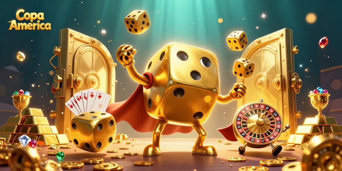 Copa America-themed dynamic illustration depicting a golden dice golem engaged in thrilling gambling action with stunning gems.