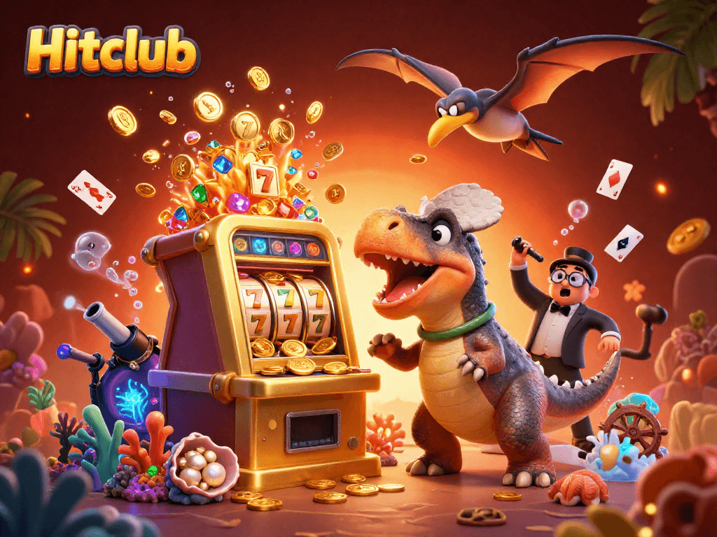 Hitclub features a animated pachycephalosaurus activating a golden slot machine jackpot.