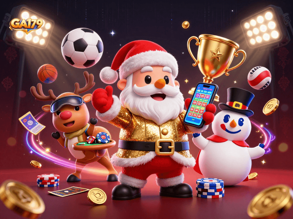 Experience exciting action at GA179 with festive characters and vibrant casino elements.