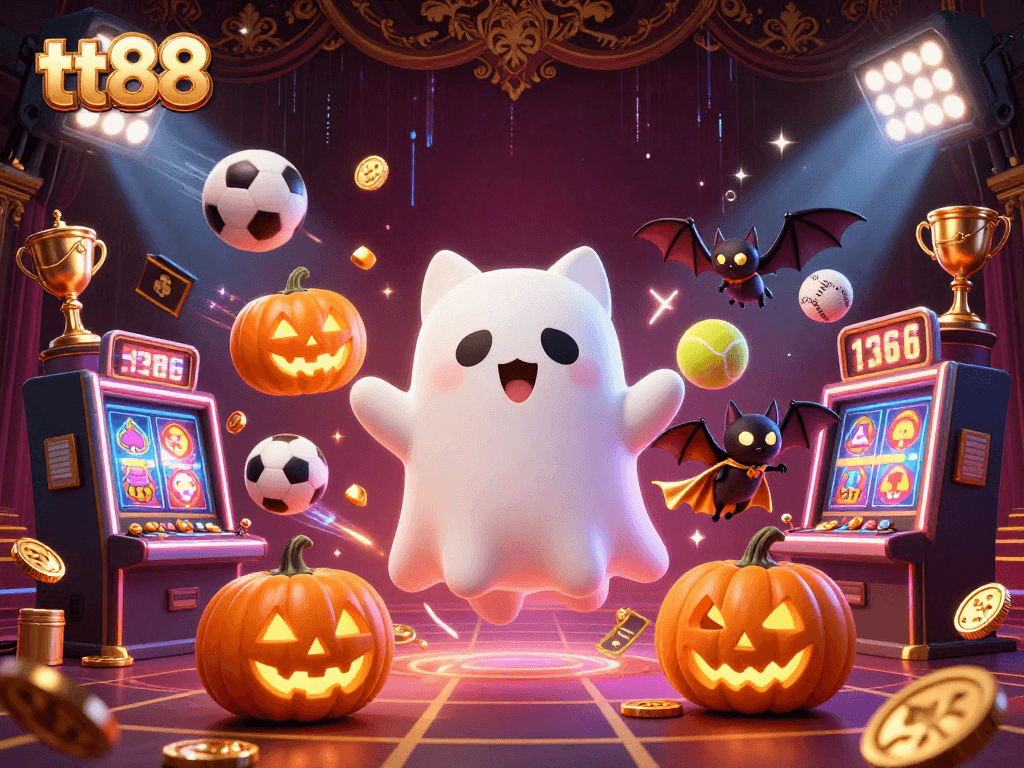 Engage in thrilling gaming experiences with tt88, showcasing a ghost cat and sports elements in a haunted casino.