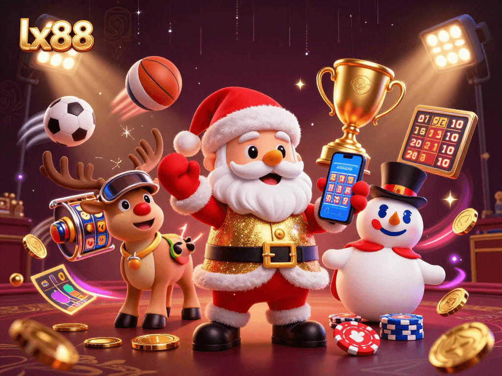 Join the excitement at lx88 with Santa Claus, his reindeer, and snowman in a vibrant casino scene!