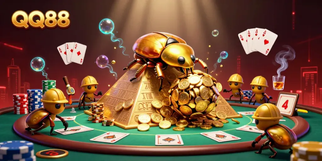 Experience thrilling gameplay at QQ88 with vibrant casino illustrations featuring golden coins and poker elements.