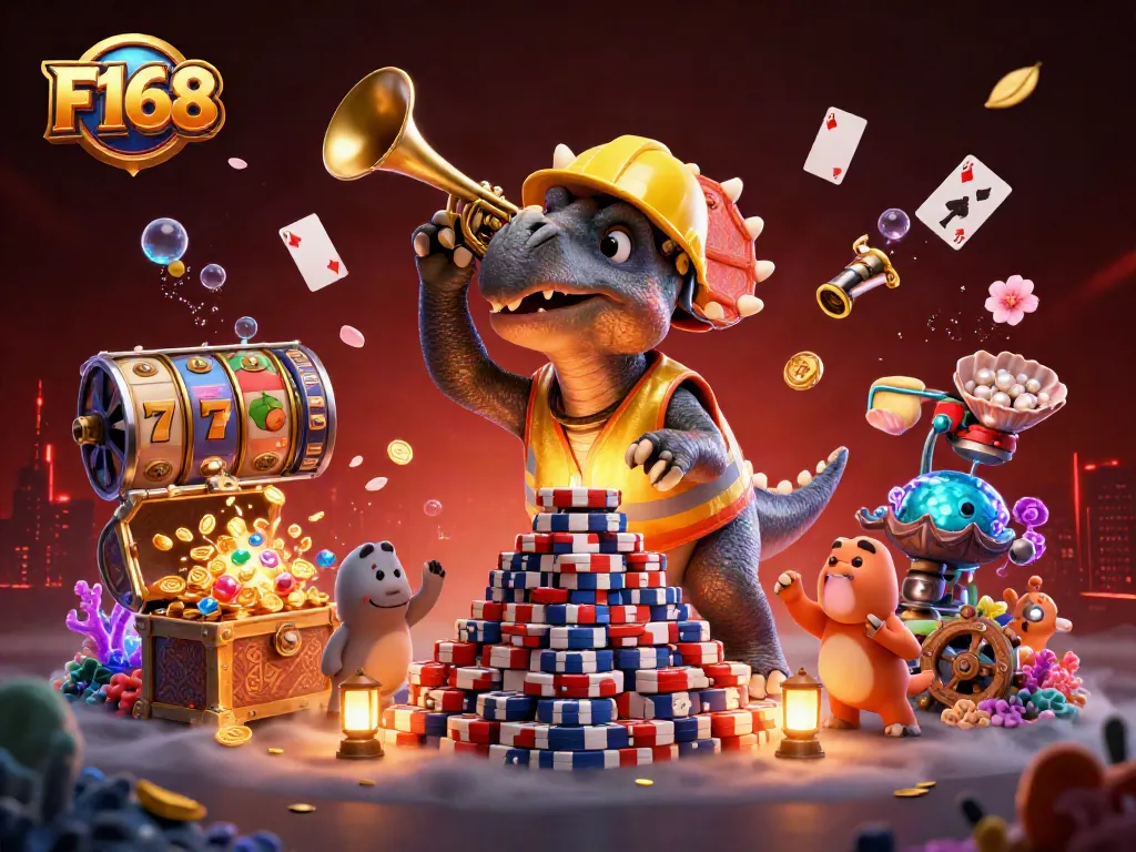Experience F168's vibrant casino scene with animated characters celebrating a jackpot win!