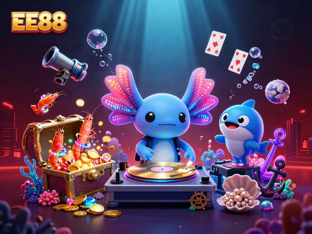 Experience the vibrant underwater world of EE88 with animated characters and sparkling casino elements.