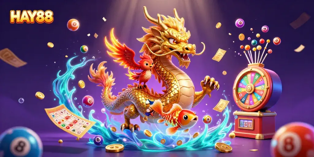Engage in thrilling online gaming with HAY88, showcasing a dynamic scene with a golden dragon, phoenix, and koi fish amidst lottery balls and prizes.