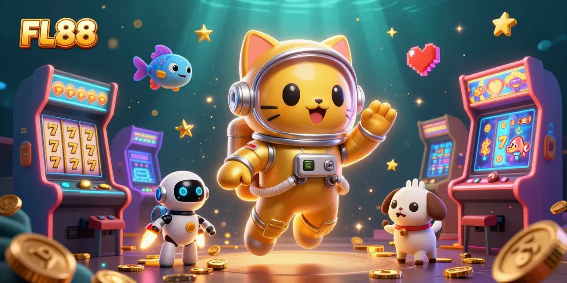 FL88 engages gamblers with a fun and vibrant casino-themed space illustration featuring characters and game elements.