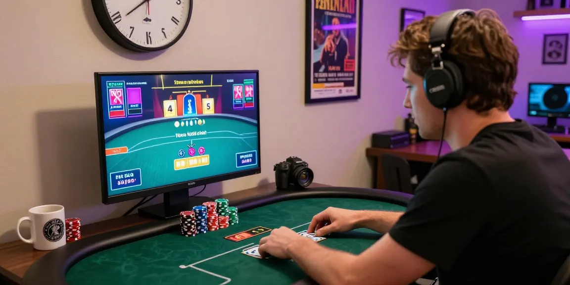 Engaged player enjoying Daftar Dominobet poker game at home computer, displaying colorful interface and vibrant atmosphere.