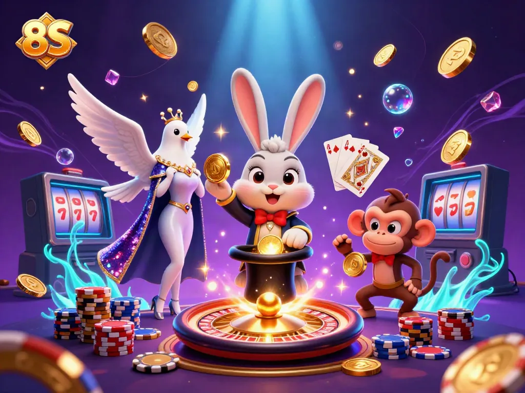 Experience a thrilling 8S casino scene with a magician, dove, and monkey surrounded by sparkling coins.