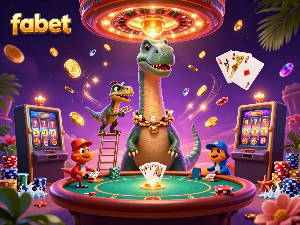 Experience fabet with a whimsical 3D scene of a dinosaur dealer amidst overflowing casino excitement.