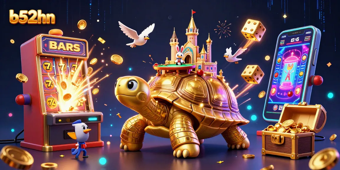 Experience the thrill at b52hn with a magical casino scene featuring a giant golden tortoise and jackpot elements.
