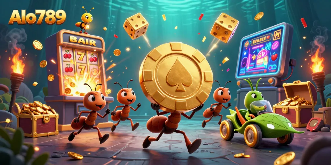 Alo789 showcases a vibrant casino heist scene with cartoon ants, golden chips, and dynamic casino elements.