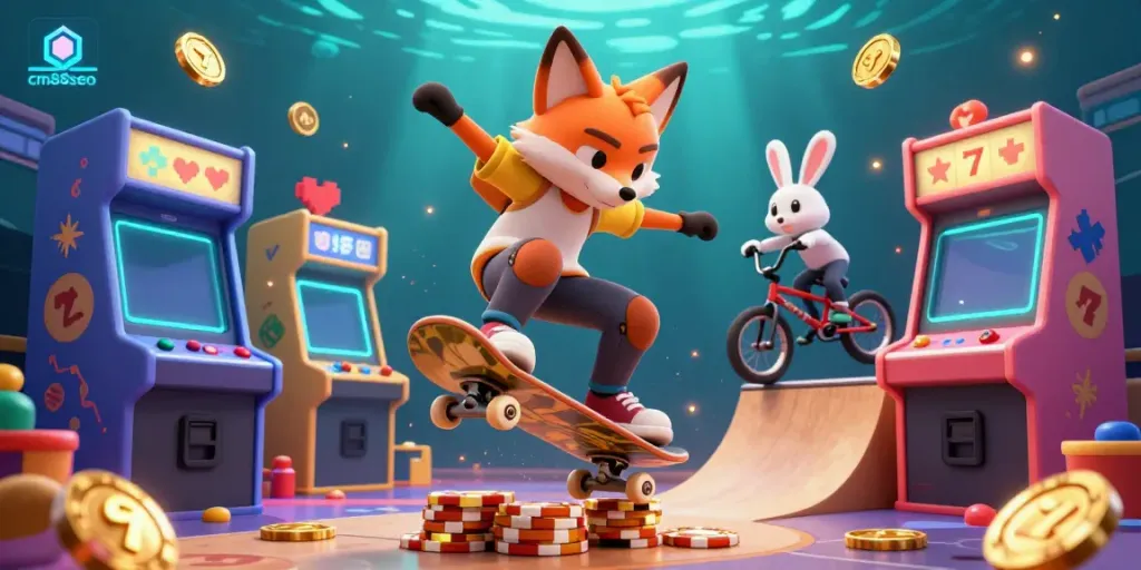 Catch the excitement at cm88seo with vibrant casino-themed illustrations of a fox and rabbit performing stunts.
