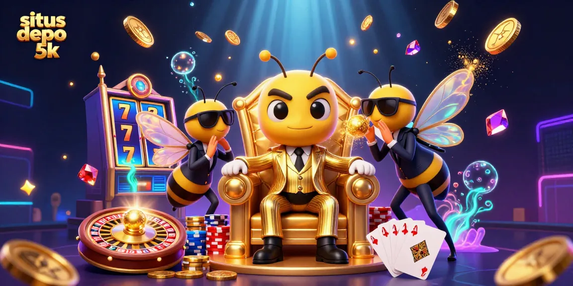 Situs depo 5k showcases its gaming charm with a vibrant bumblebee boss in a golden throne, surrounded by winning slot reels.