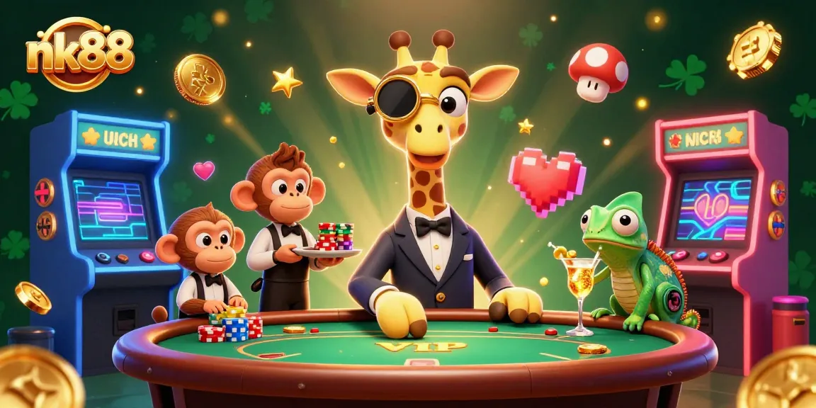 Experience massive wins with nk88 at a vibrant online casino scene featuring high-roller characters and interactive gaming elements.