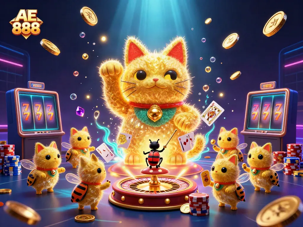 Engage with the AE 888 casino world, featuring vibrant symbols and dynamic elements in play.