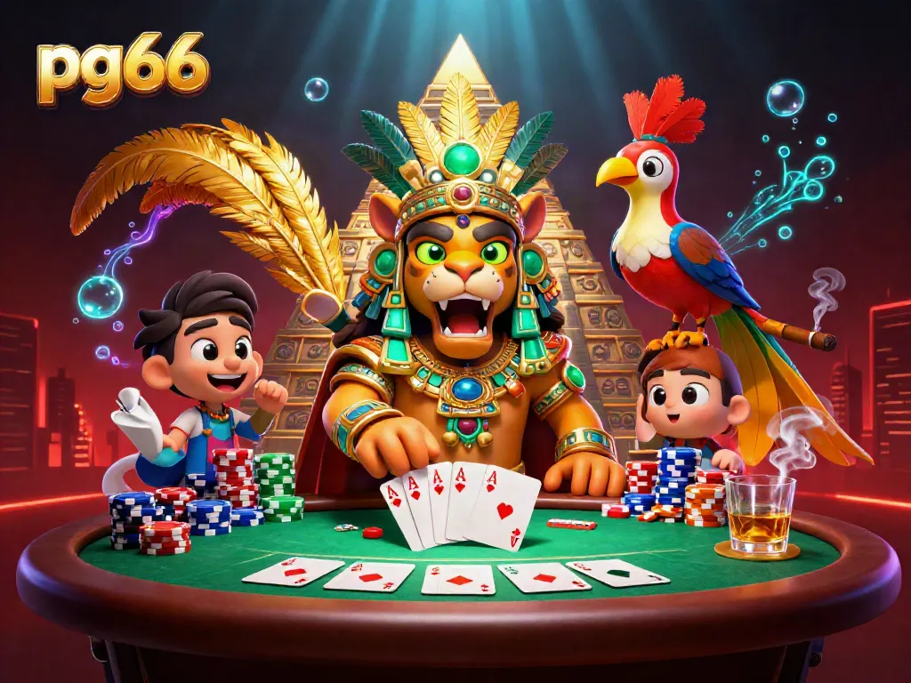 Experience the dynamic energy of pg66 with poker and vibrant characters in this casino illustration.