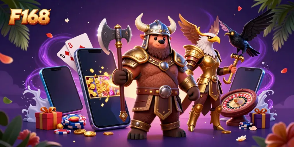 Engage in the fun at F168 with an epic casino adventure featuring vibrant characters and game elements.
