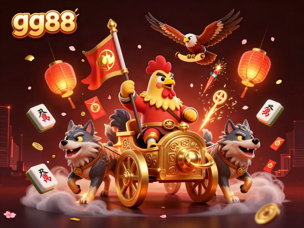 Experience excitement with gg88 as a cartoon rooster warlord leads a golden chariot through a vibrant casino scene.